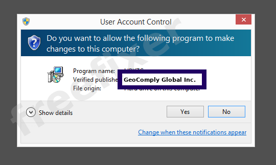 Screenshot where GeoComply Global Inc. appears as the verified publisher in the UAC dialog